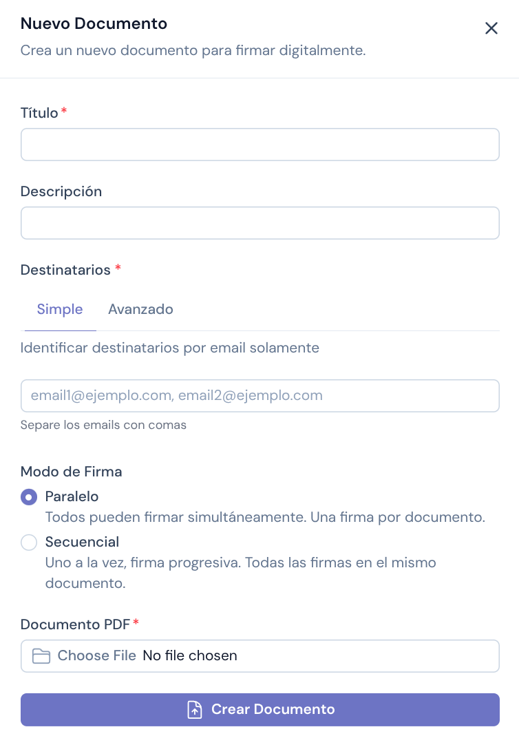 Formulario para crear un nuevo documento y agregar firmantes en Certezia